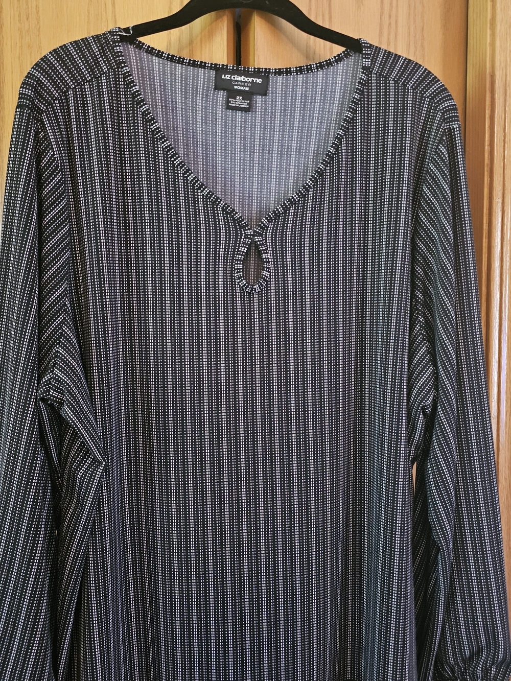 Plus Size Liz Claiborne Black and White Striped Dot-Print Long Sleeve Top